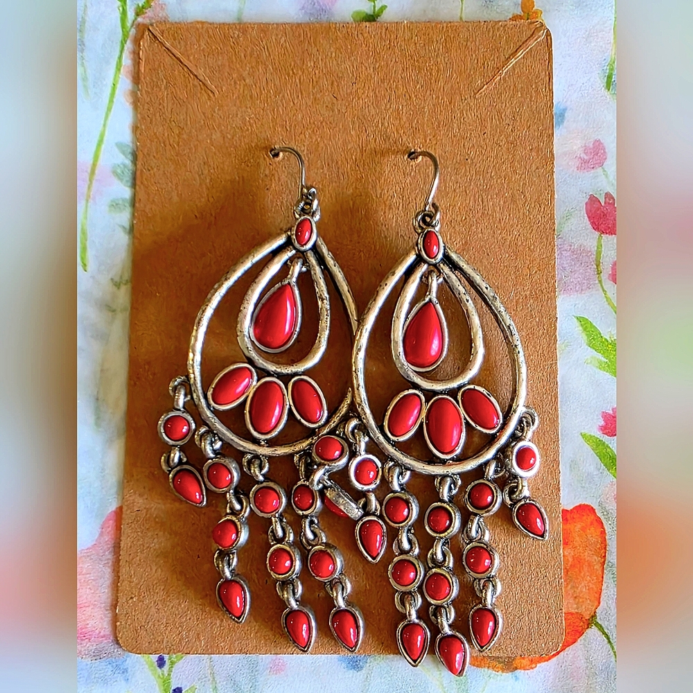 Red Chandelier Earrings with Filigree Design